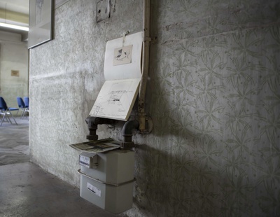 Ausstellungsansicht FRIEDRICH KURRENT 90, Skizze Kirche in Salzburg/Parsch, Heinrich Büchel 1997