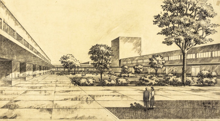 Ernst Plischke im Department of Housing Construction: Community Centre Naenae (Lower Hutt), Perspektive eines Innenhofes mit Geschäften (ca. 1947) – © EAP Nachlass Akademie der bildenden Künste, Wien