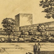 Ernst Plischke im Department of Housing Construction: Community Centre Naenae (Lower Hutt), Perspektive eines Innenhofes mit Geschäften (ca. 1947) – © EAP Nachlass Akademie der bildenden Künste, Wien