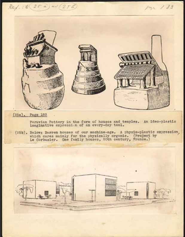 Friedrich Kiesler, Magic Architecture, Bildtafeln (25a) und (25b) »Peruvian Pottery in the form of houses and temples« und »Barren houses of our machine-age [Le Corbusier] «, c. 1947