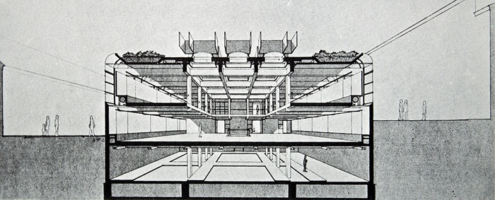 Hans Puchhammer, Gunther Wawrik, Perspektivischer Querschnitt durch die Mehrzweckhalle, Quelle: bauforum 57/58, 1976