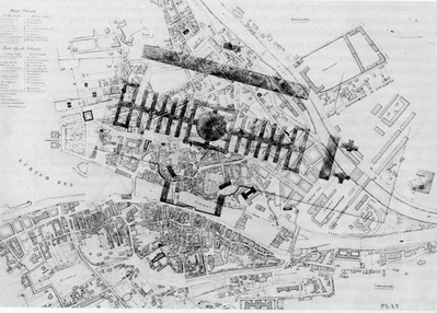 Studierende bei Aldo Rossi, Collage 1976:
Karte von Zürich (1867) mit Grundriss der Weltausstellung 1873 in Wien.