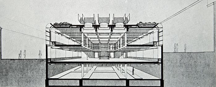 Hans Puchhammer, Gunther Wawrik, Perspektivischer Querschnitt durch die Mehrzweckhalle, Quelle: bauforum 57/58, 1976