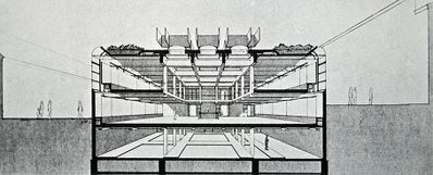 Hans Puchhammer, Gunther Wawrik, Perspektivischer Querschnitt durch die Mehrzweckhalle, Quelle: bauforum 57/58, 1976