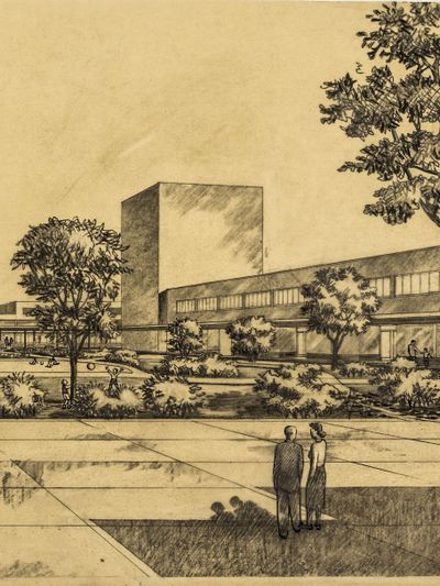 Ernst Plischke im Department of Housing Construction: Community Centre Naenae (Lower Hutt), Perspektive eines Innenhofes mit Geschäften (ca. 1947) – © EAP Nachlass Akademie der bildenden Künste, Wien